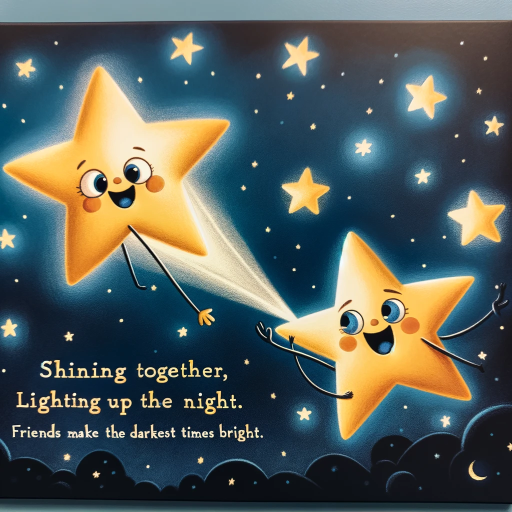 A creative illustration of two cartoon stars in the night sky, one twinkling brightly and the other shooting across the sky. They are depicted as friends, with playful smiles and reaching out to each other. The background is a deep blue sky dotted with smaller stars. The caption reads: "Shining together, lighting up the night. Friends make the darkest times bright."