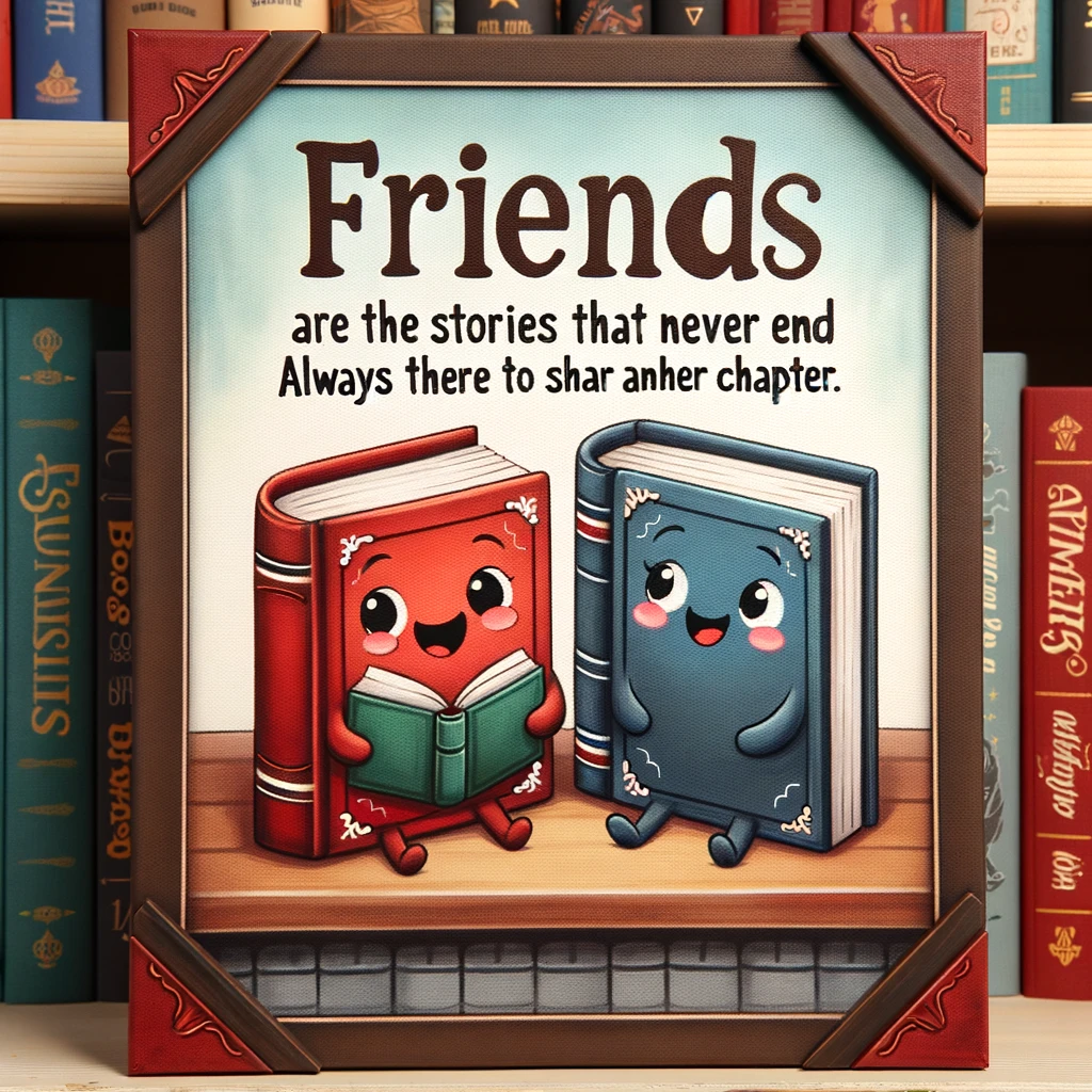 A charming illustration of two cartoon books, one red and one blue, sitting on a library shelf and sharing a secret with smiling faces. The shelves are filled with other books in a cozy library setting. The caption reads: "Friends are the stories that never end, always there to share another chapter."
