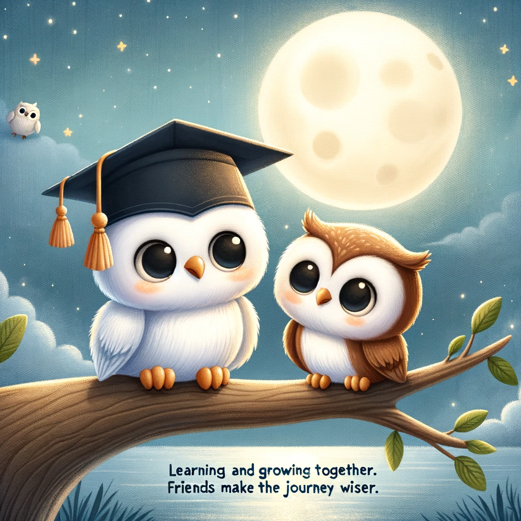 An adorable illustration of two cartoon owls, one white and one brown, sitting on a branch under the moonlight, wearing graduation caps. The background is a calm night scene with a full moon. The caption reads: "Learning and growing together. Friends make the journey wiser."