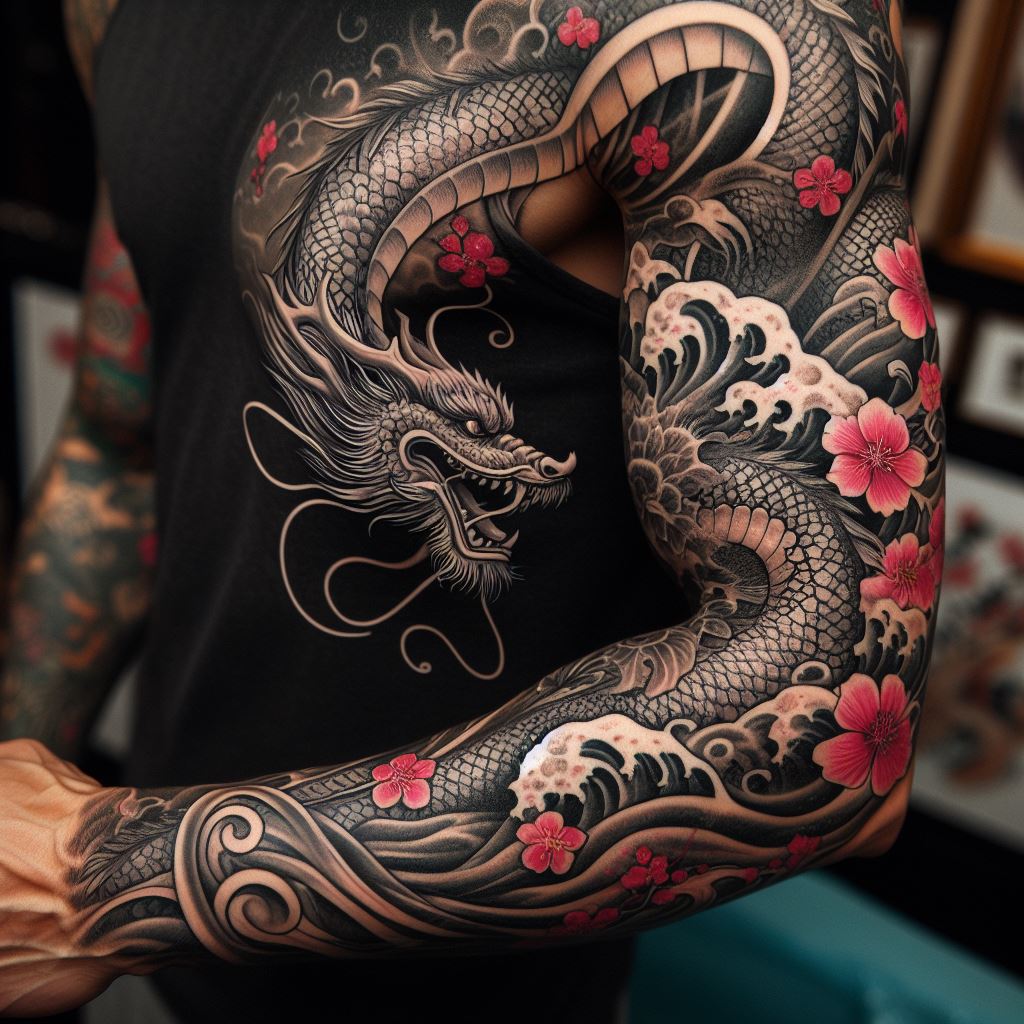 A detailed sleeve tattoo featuring a Japanese dragon winding around the arm, with cherry blossoms and waves, symbolizing strength and life's fleeting nature.