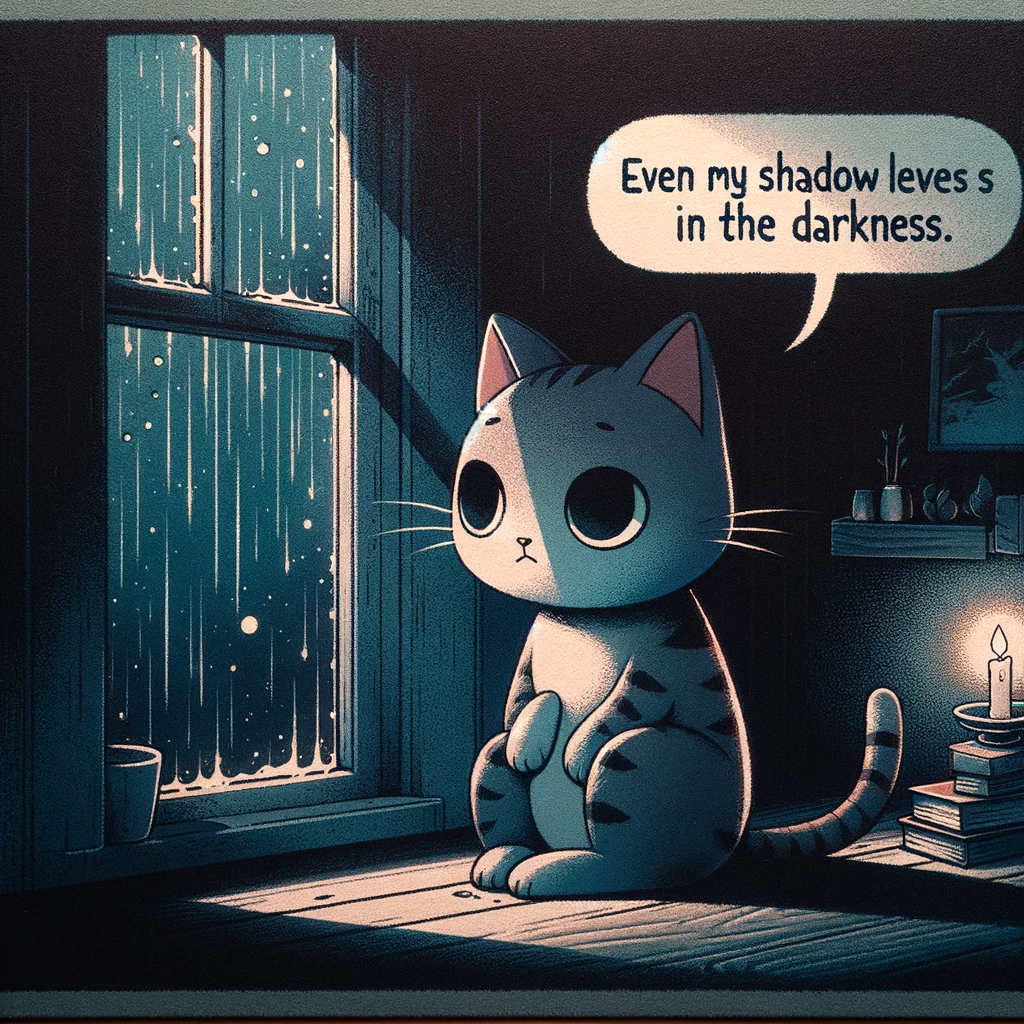 A cartoon cat sitting in a dimly lit room, staring out a window with rain pouring down outside. The cat has a thoughtful expression, and above its head is a text bubble that says, "Even my shadow leaves me in the darkness." The room has a cozy but melancholic feel, with a flickering candle and a few scattered books around. The image captures a blend of loneliness and introspection.