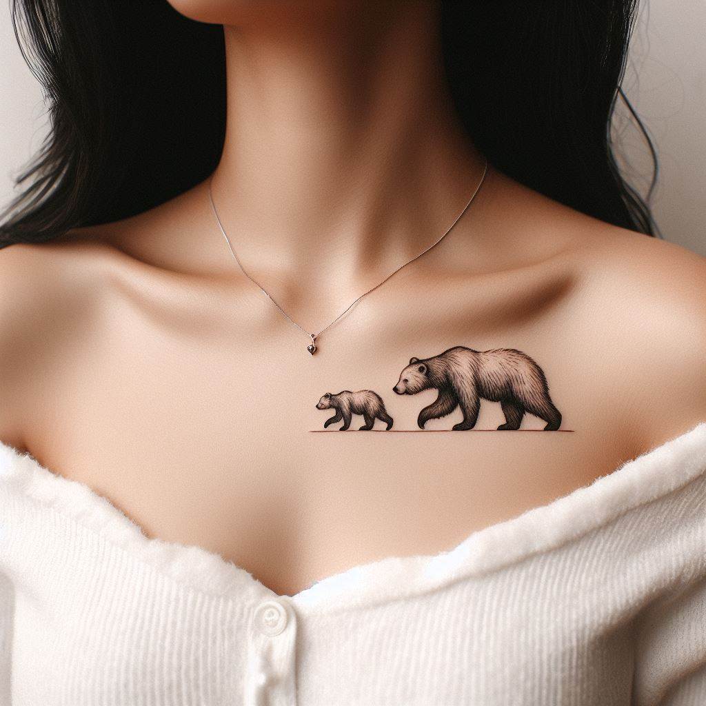 A delicate tattoo of a bear and cub walking side by side, their silhouettes inked along the collarbone. This minimalist design uses fine lines to portray the bears' journey, symbolizing the bond between parent and child, guidance, and protection. The placement along the collarbone makes this a subtle yet poignant statement about family and nurturing.