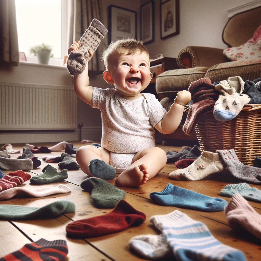 A playful scene featuring a baby sitting on the floor, holding a sock triumphantly in one hand, with a mischievous and triumphant expression on their face. Around the baby, several pairs of socks are scattered, some matched, some not, suggesting a trail of playful destruction. The room is cozy and lived-in, indicating a typical family home setting. Below this adorable chaos, the caption in a whimsical font reads: 'In search of the perfect sock, no pair shall remain united.' The image captures the innocent yet cheeky nature of the baby's adventure.