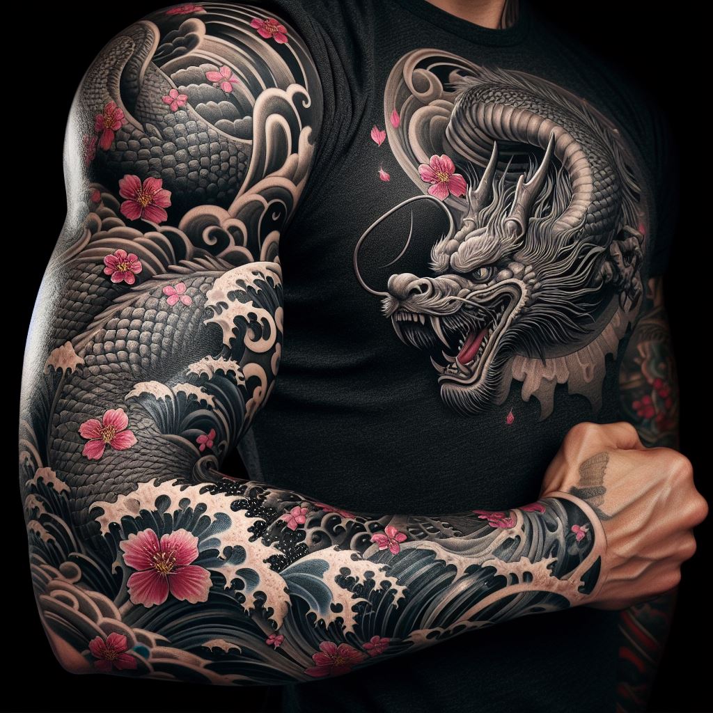 A detailed sleeve tattoo featuring a Japanese dragon winding around the arm, with cherry blossoms and waves, symbolizing strength and life's fleeting nature.