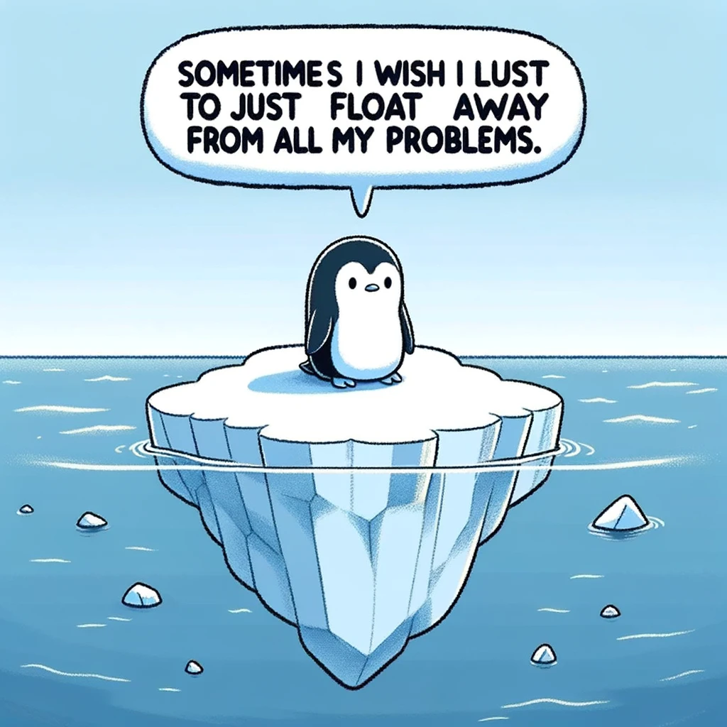 A cartoon penguin standing alone on a small iceberg, with a vast, empty ocean surrounding it. The penguin looks sad and contemplative, staring into the distance. The caption says, "Sometimes I wish I could just float away from all my problems." This image combines the isolation of the penguin with the vastness of the sea to symbolize feelings of loneliness and the desire to escape one's troubles, rendered in a style that's both cute and melancholic.