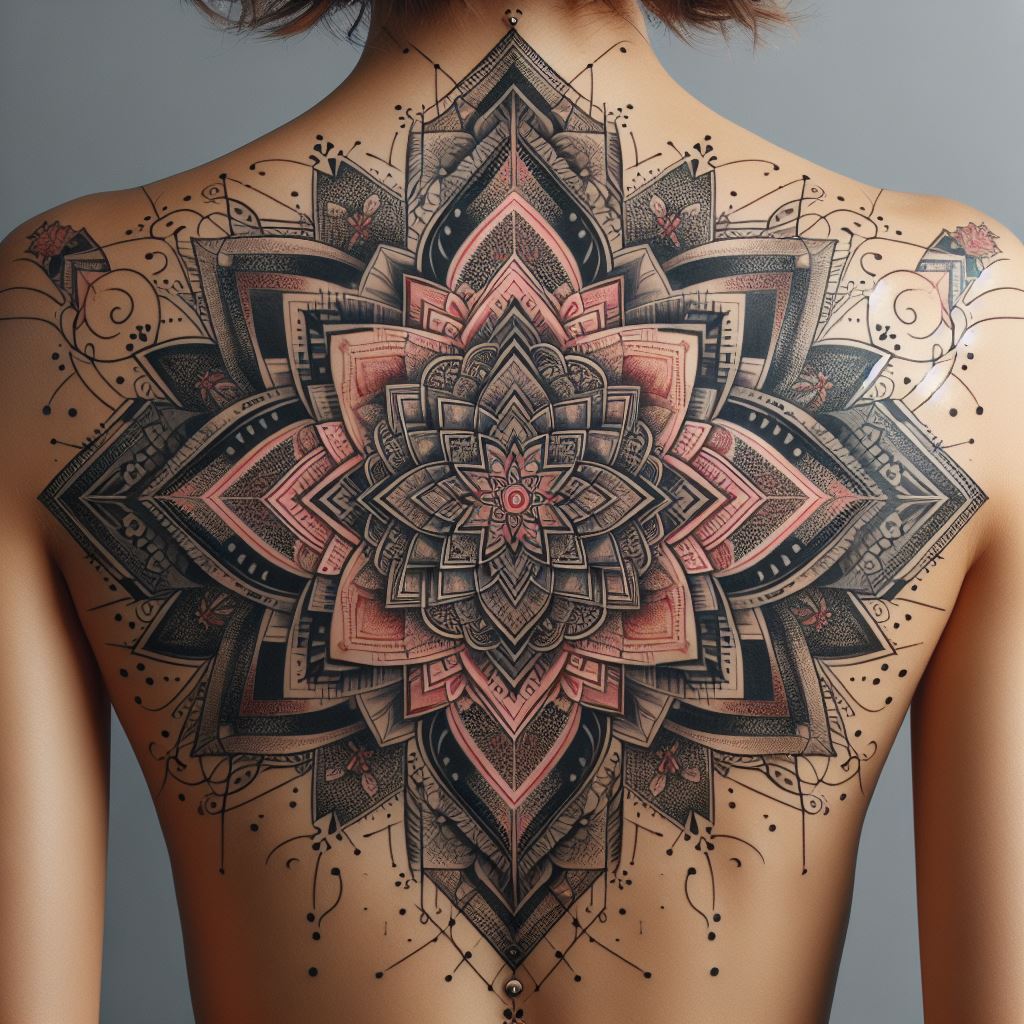 An intricate mandala tattoo on the back, combining geometric patterns and floral designs to represent harmony and balance.