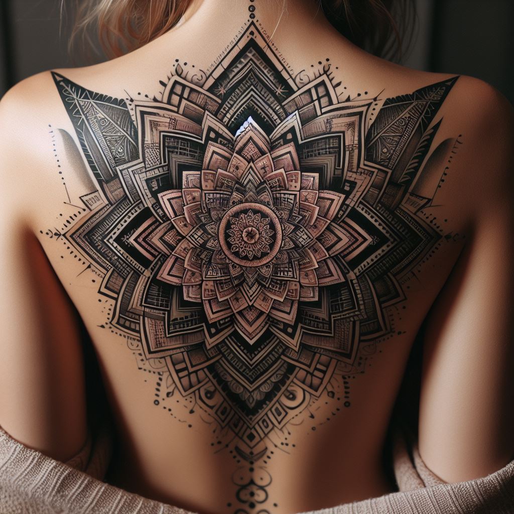 An intricate mandala tattoo on the back, combining geometric patterns and floral designs to represent harmony and balance.