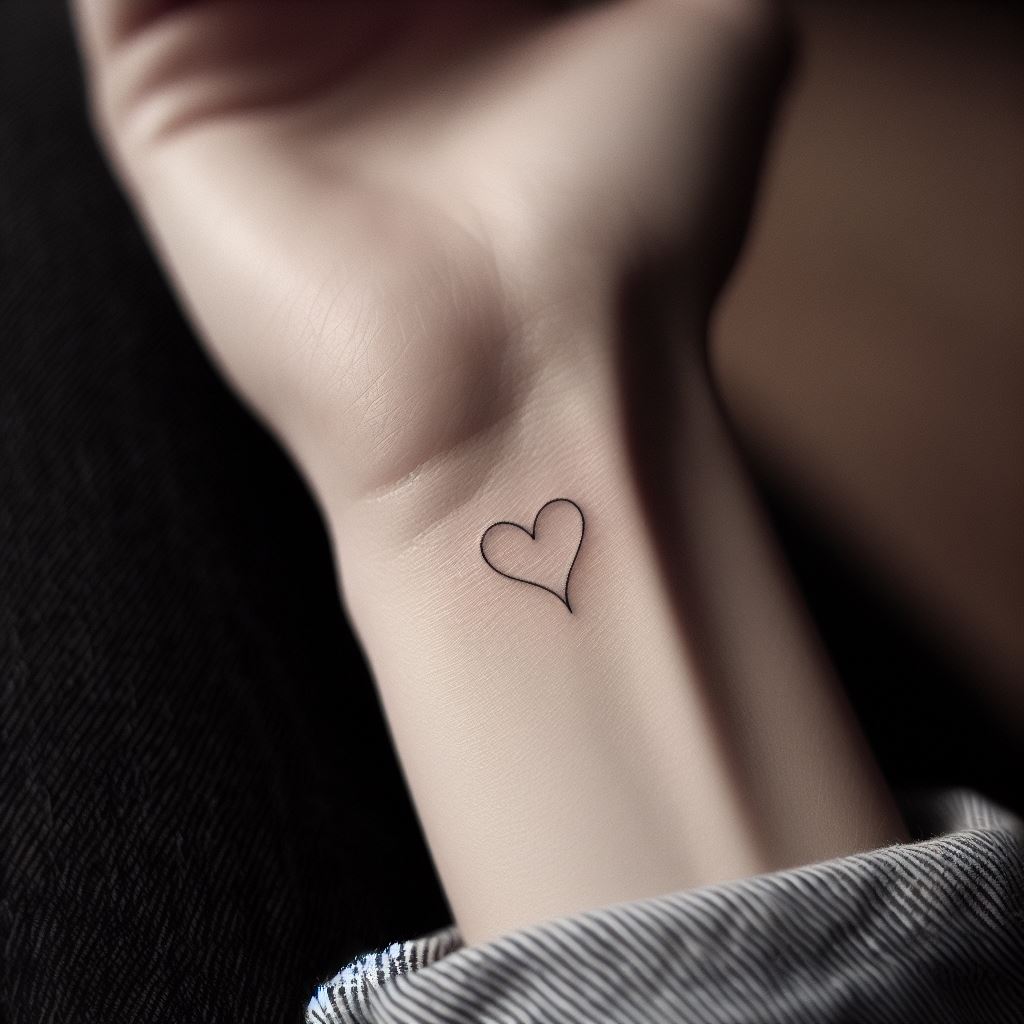 A small, minimalist heart tattoo on the wrist, symbolizing love and passion, with clean lines and a subtle placement.