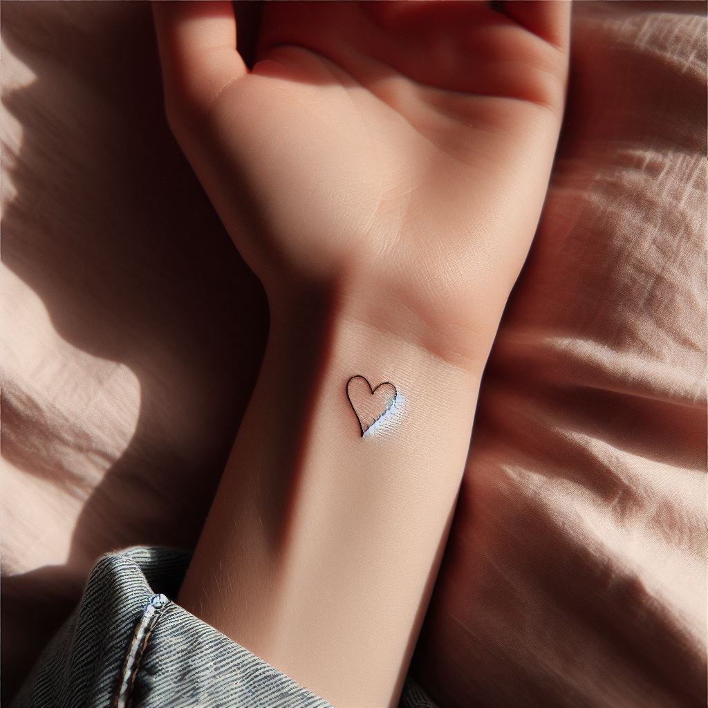 A small, minimalist heart tattoo on the wrist, symbolizing love and passion, with clean lines and a subtle placement.