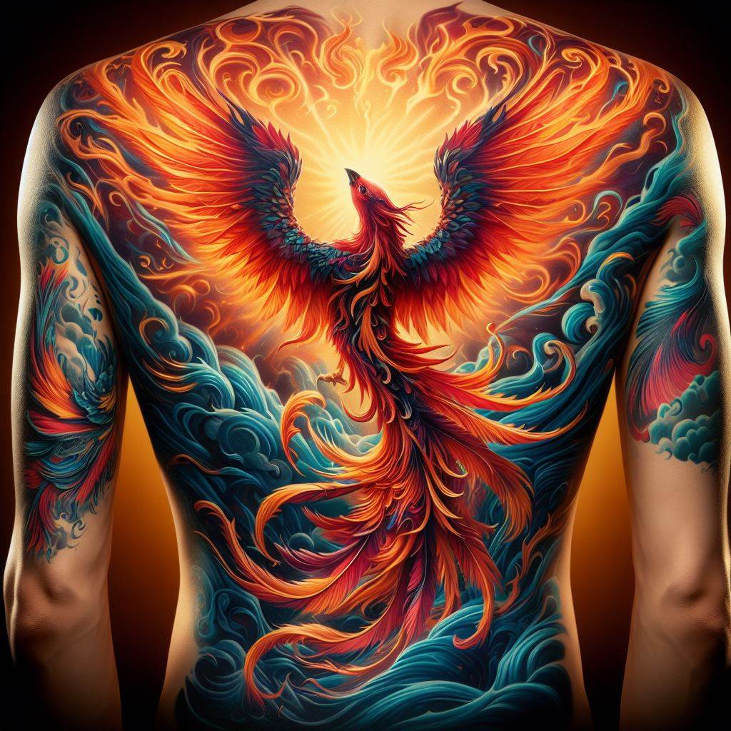A vibrant, full-back tattoo depicting a phoenix rising from flames, symbolizing rebirth and transformation, with rich colors and dynamic movement.