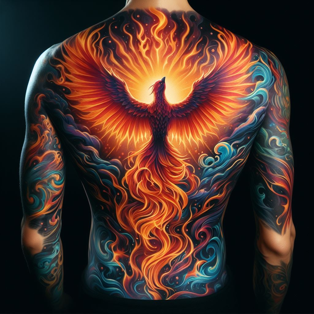 A vibrant, full-back tattoo depicting a phoenix rising from flames, symbolizing rebirth and transformation, with rich colors and dynamic movement.