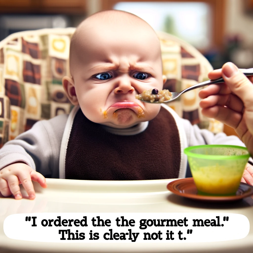 A humorous image of a baby sitting in a high chair, facing forward with a look of utter disdain and disappointment at a spoon being offered to them. The spoon is clearly visible, approaching the baby's mouth, filled with something that looks unappetizing. The baby's expression is one of a critical food critic, unimpressed by the meal choice. The background is a typical kitchen setting, enhancing the everyday scenario. Below this scene, a caption in a playful font reads: 'I ordered the gourmet meal. This is clearly not it.' The image captures the baby's exaggeratedly critical response in a light-hearted manner.