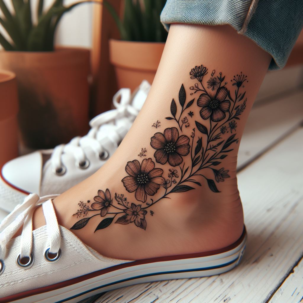 A delicate, botanical tattoo on the ankle, featuring a variety of flowers and leaves, representing growth and the beauty of nature.