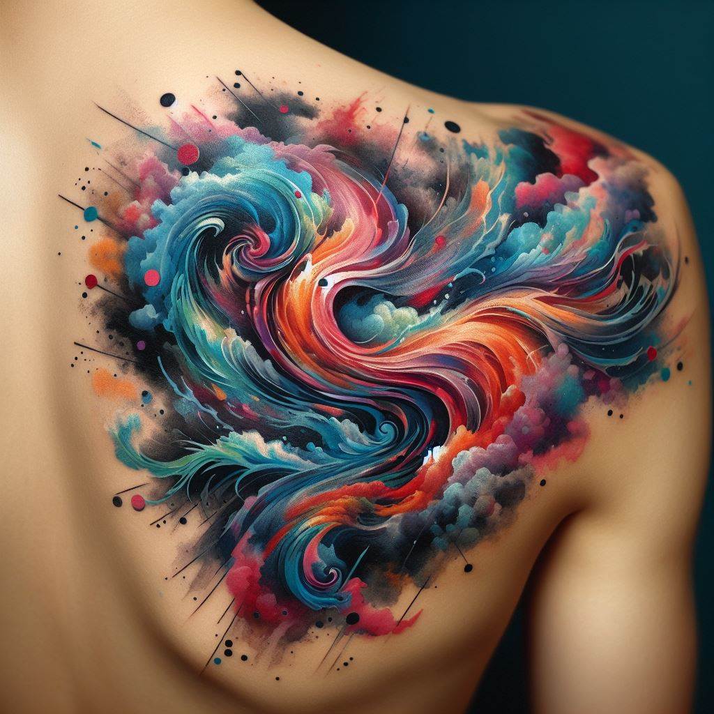 An abstract, watercolor tattoo on the shoulder, blending vibrant colors and shapes to create a piece that represents creativity and emotional expression.