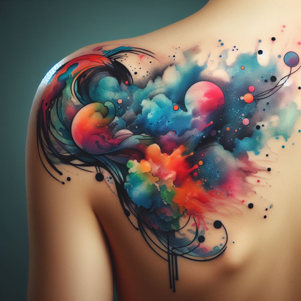 An abstract, watercolor tattoo on the shoulder, blending vibrant colors and shapes to create a piece that represents creativity and emotional expression.