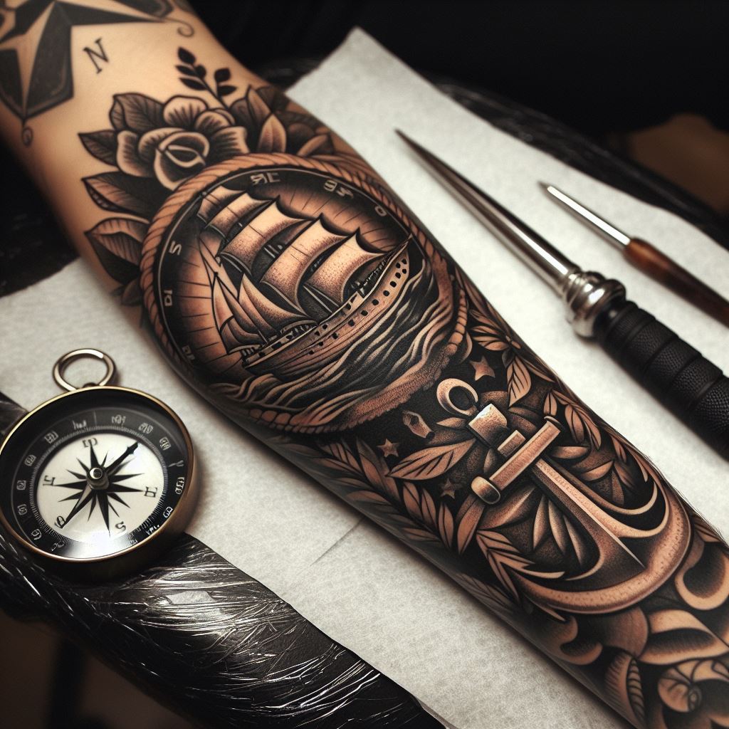 A classic, nautical-themed tattoo on the forearm, including an anchor, compass, and ship, symbolizing adventure and guidance.