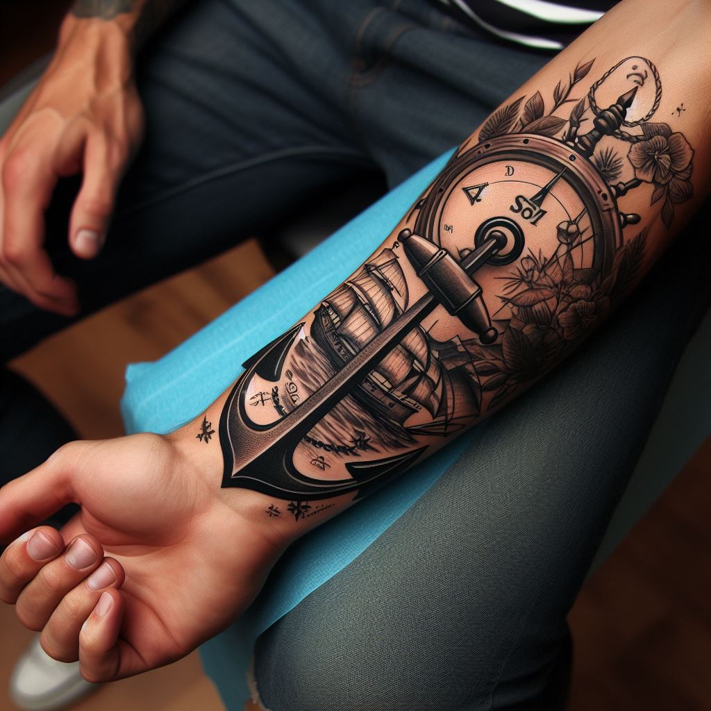 A classic, nautical-themed tattoo on the forearm, including an anchor, compass, and ship, symbolizing adventure and guidance.
