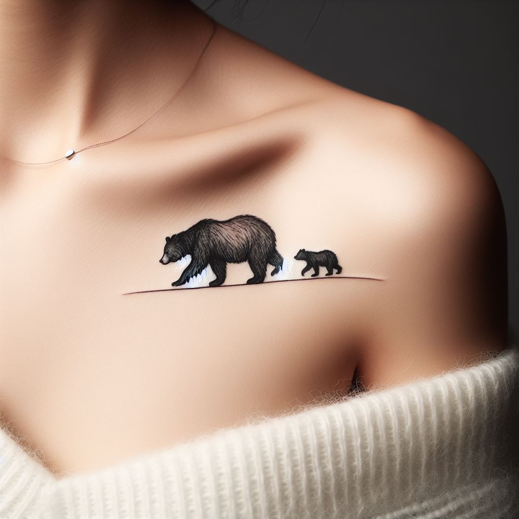 A delicate tattoo of a bear and cub walking side by side, their silhouettes inked along the collarbone. This minimalist design uses fine lines to portray the bears' journey, symbolizing the bond between parent and child, guidance, and protection. The placement along the collarbone makes this a subtle yet poignant statement about family and nurturing.