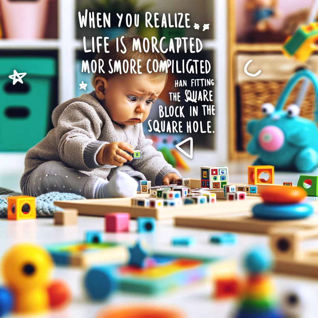 A whimsical scene showing a baby intently focusing on a puzzle with several toy parts scattered around them. The baby looks puzzled and baffled, reflecting the complexity of the task at hand. The room is bright and colorful, filled with educational toys, creating a playful learning environment. Below this charming scene, the caption in a playful font reads: 'When you realize life is more complicated than fitting the square block in the square hole.' The image captures the moment of realization and curiosity in a light-hearted and humorous way.
