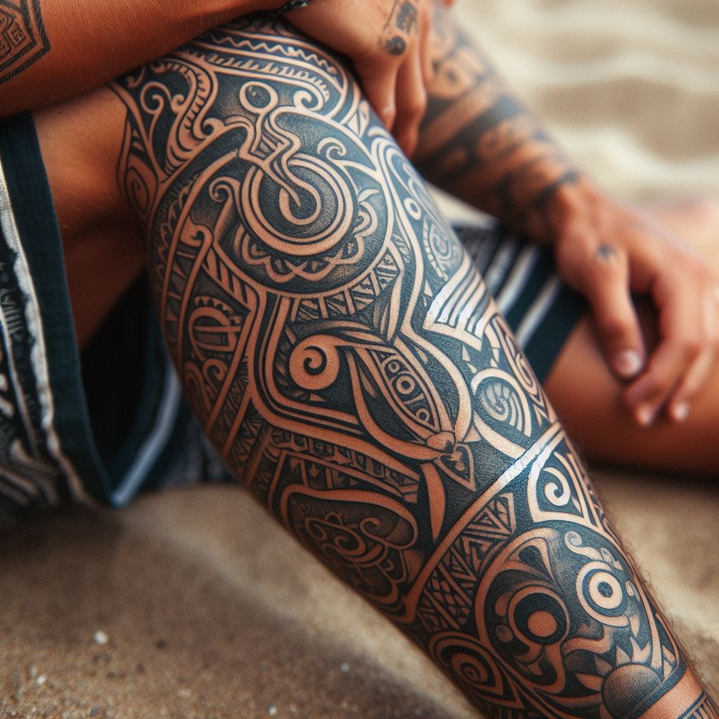 A traditional Maori tattoo on the leg, with intricate patterns and symbols that represent heritage, identity, and social status.
