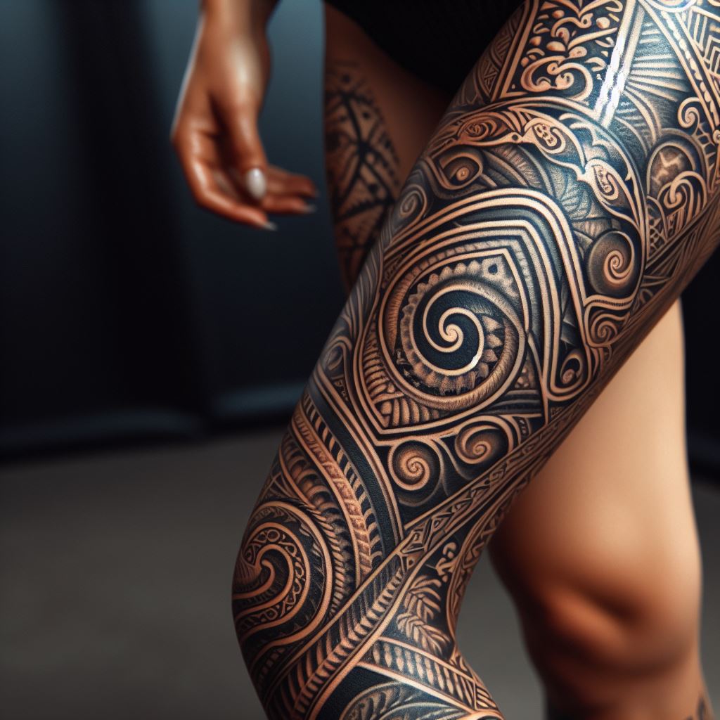 A traditional Maori tattoo on the leg, with intricate patterns and symbols that represent heritage, identity, and social status.