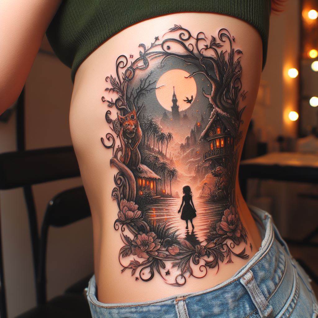 A whimsical, fairy-tale inspired tattoo on the side, depicting a scene from a favorite story or character, infused with personal meaning and fantasy.