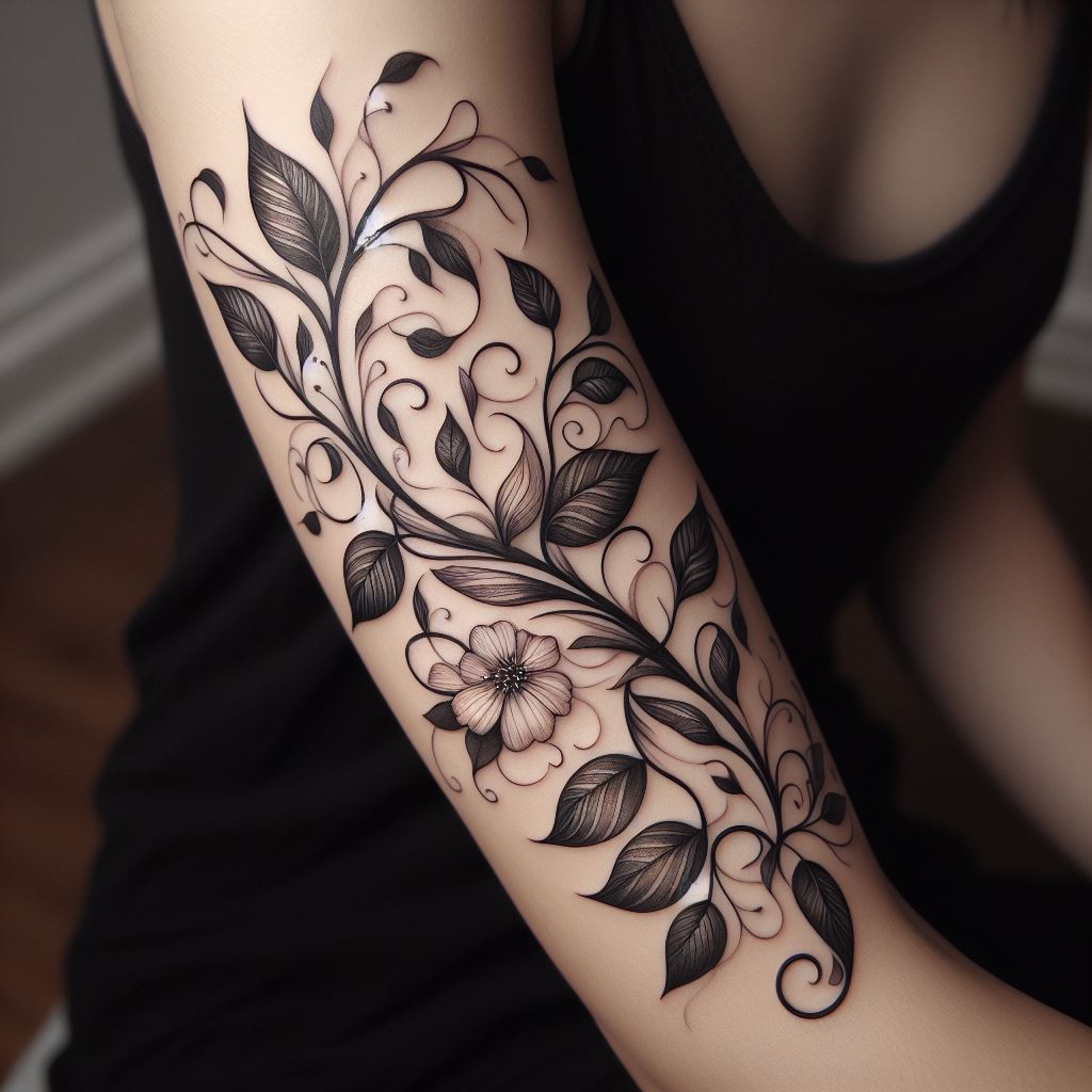 An elegant, vine tattoo wrapping around the arm, featuring leaves and flowers, symbolizing growth and resilience, with a natural and flowing design.
