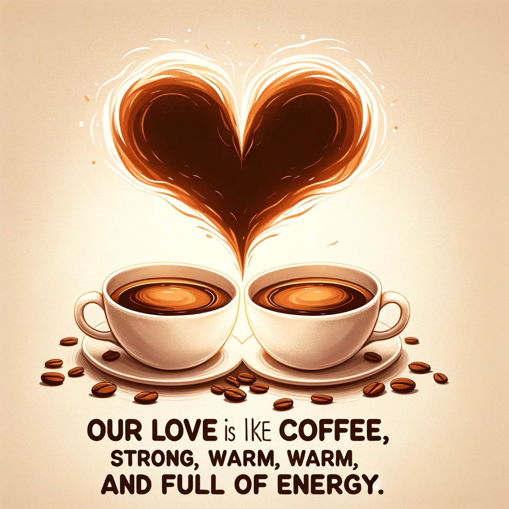 A romantic scene with two cups of coffee sitting on a table, the steam from the cups forming a heart shape above them. The caption reads, "Our love is like coffee, strong, warm, and full of energy."