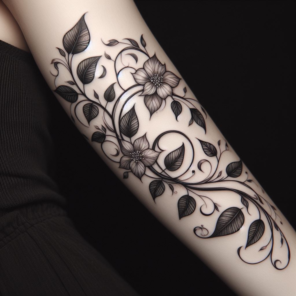 An elegant, vine tattoo wrapping around the arm, featuring leaves and flowers, symbolizing growth and resilience, with a natural and flowing design.