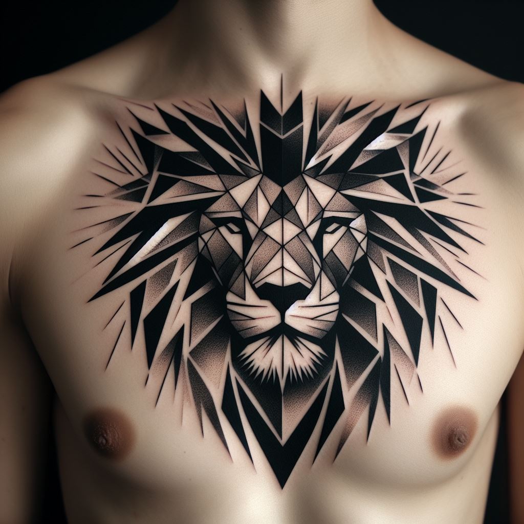 A geometric, lion tattoo on the chest, combining sharp lines and shapes to form the majestic animal, representing courage and royalty.