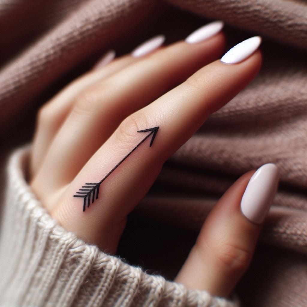 A minimalist, arrow tattoo on the finger, pointing forward, symbolizing direction, purpose, and moving ahead in life.