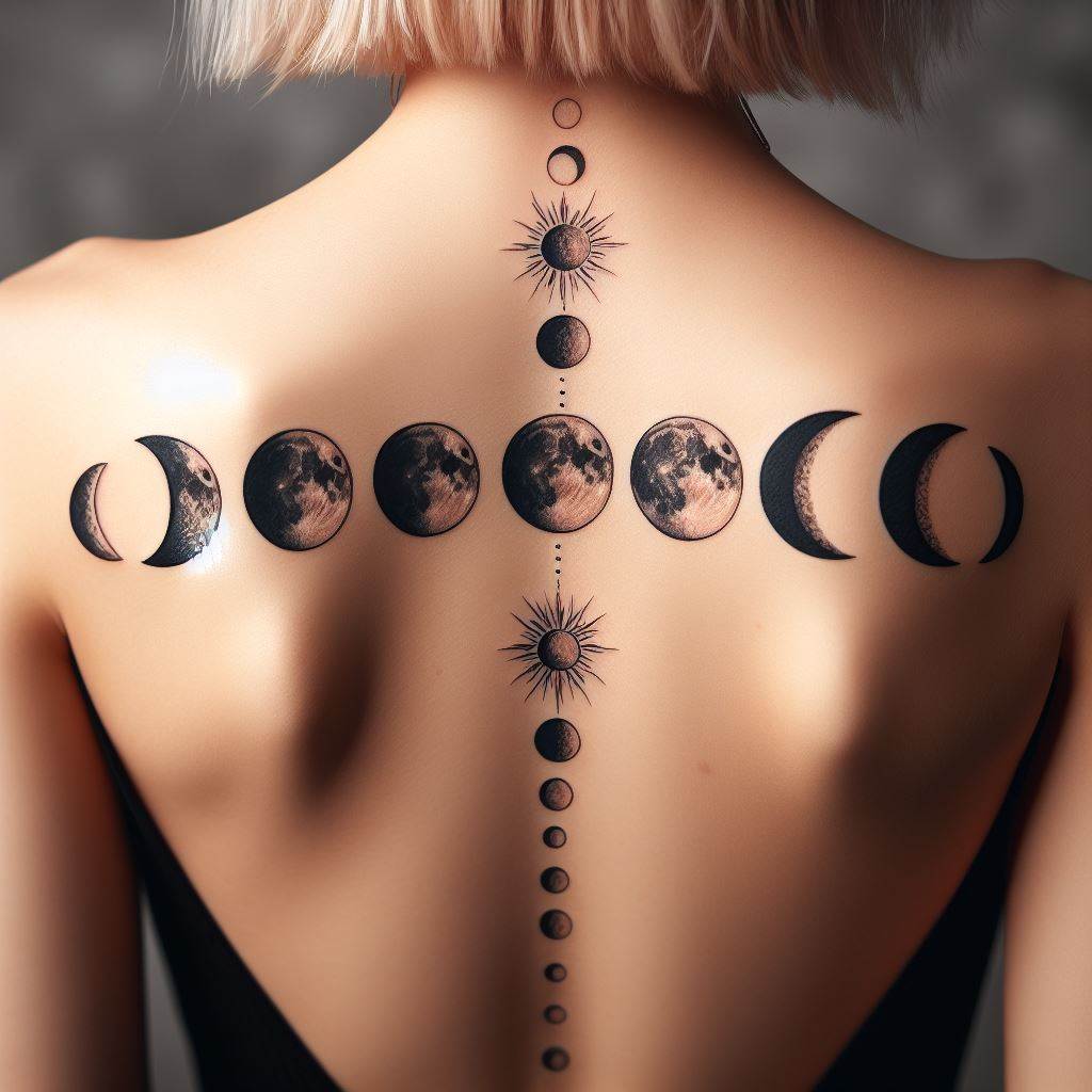 A celestial, moon phases tattoo along the spine, with each phase of the moon represented, symbolizing change, cycles, and the passage of time.