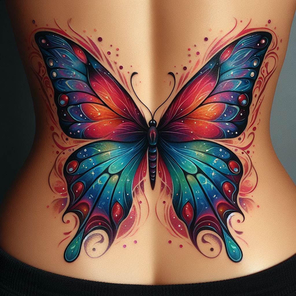A colorful, butterfly tattoo on the lower back, with detailed wings and vibrant hues, symbolizing transformation and freedom.