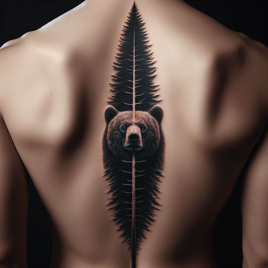 A vertical tattoo that runs down the spine, depicting a towering pine tree. Within its bark, a bear's face is subtly integrated, watching over the forest. This design symbolizes strength, stability, and the protective nature of the bear, with the tree representing growth and resilience. The tattoo's alignment with the spine underscores the idea of having a strong backbone, both literally and metaphorically.