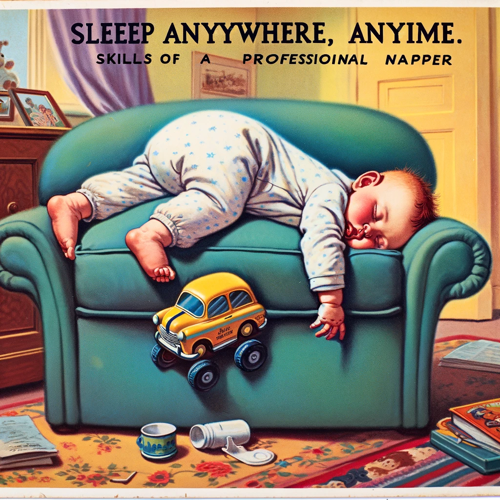 A comical scene of a baby asleep in the most unexpected position imaginable: draped over the back of a sofa with one hand resting on a toy car, embodying the epitome of a professional napper. The baby's peaceful expression contrasts hilariously with the precarious sleeping arrangement. The room around the baby is cozy, suggesting a typical family living area. Below this amusing depiction, the caption in a playful font reads: 'Sleep anywhere, anytime. Skills of a professional napper.' The style captures the innocence and humor of the moment in a vibrant and detailed manner.