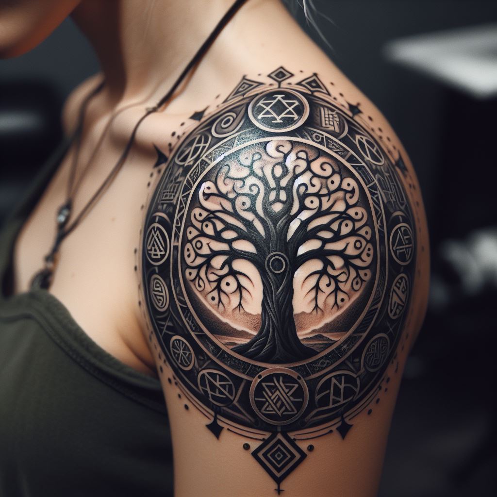A Norse mythology-inspired tattoo on the shoulder, featuring symbols like the Valknut and Yggdrasil tree, representing strength, wisdom, and connection to the cosmos.