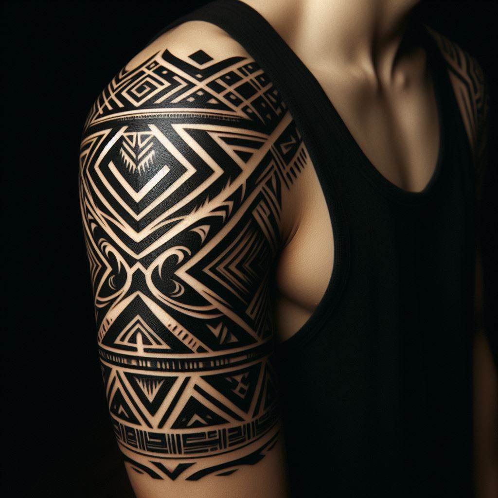 A bold, tribal tattoo on the upper arm, with thick lines and patterns that pay homage to traditional tribal art, symbolizing identity and belonging.