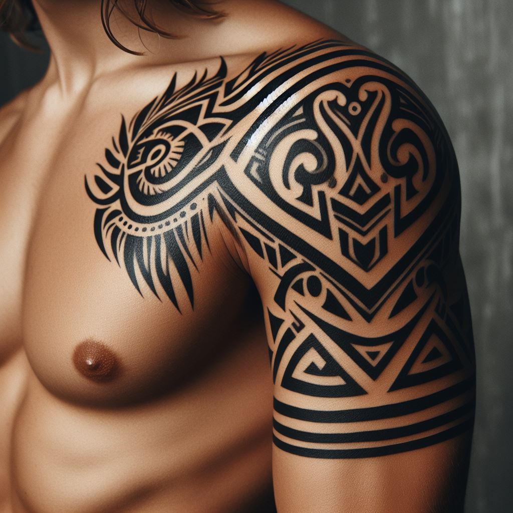 A bold, tribal tattoo on the upper arm, with thick lines and patterns that pay homage to traditional tribal art, symbolizing identity and belonging.