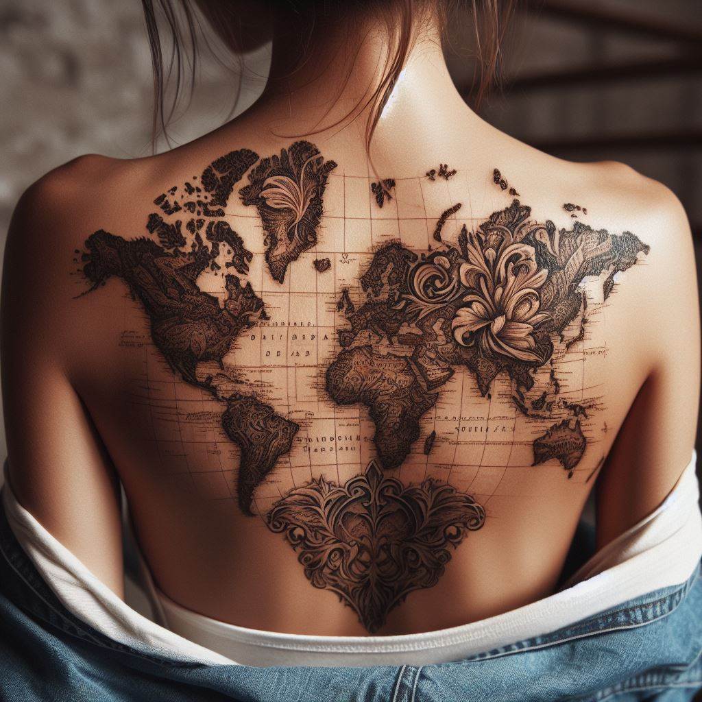A detailed, map tattoo on the back, showcasing a world map with a vintage look, symbolizing wanderlust and the love of travel.