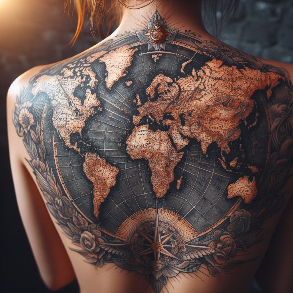 A detailed, map tattoo on the back, showcasing a world map with a vintage look, symbolizing wanderlust and the love of travel.