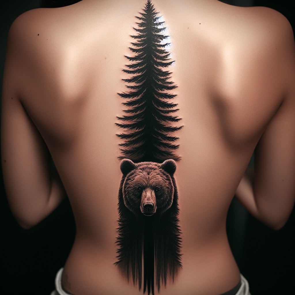 A vertical tattoo that runs down the spine, depicting a towering pine tree. Within its bark, a bear's face is subtly integrated, watching over the forest. This design symbolizes strength, stability, and the protective nature of the bear, with the tree representing growth and resilience. The tattoo's alignment with the spine underscores the idea of having a strong backbone, both literally and metaphorically.