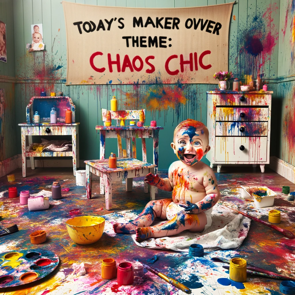 A chaotic and humorous scene where a baby is covered in paint, looking absolutely delighted with themselves. The surrounding area is a testament to their creative spree, with splatters of paint on the walls, floor, and furniture. The baby's expression is one of pure joy and satisfaction, oblivious to the mess they've created. Below this vibrant tableau, the caption in a playful font reads: 'Today's makeover theme: chaos chic.' The image captures the essence of a messy yet joyful artistic endeavor by the youngest of artists.