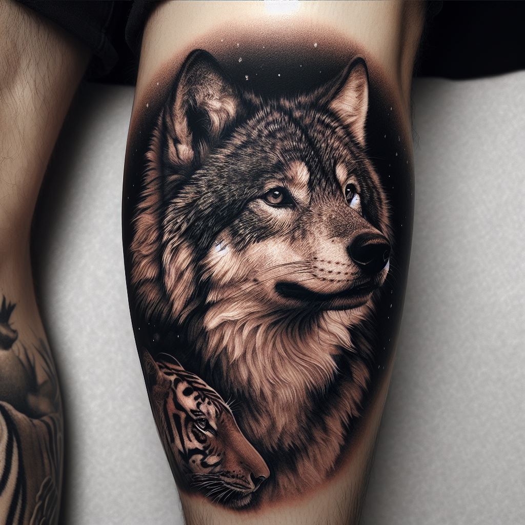 A realistic, animal portrait tattoo on the calf, featuring a favorite animal like a wolf or tiger, with intricate details, symbolizing connection with nature and animalistic traits.