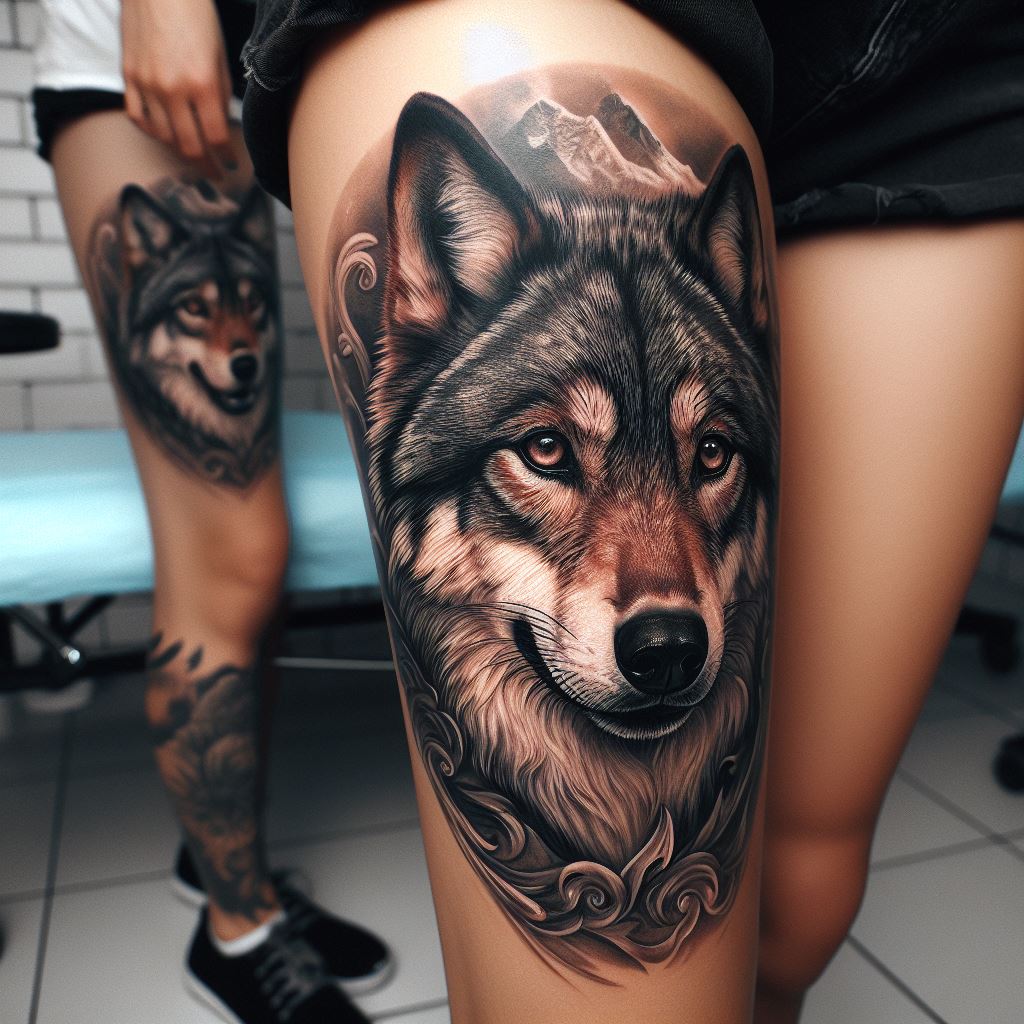 A realistic, animal portrait tattoo on the calf, featuring a favorite animal like a wolf or tiger, with intricate details, symbolizing connection with nature and animalistic traits.