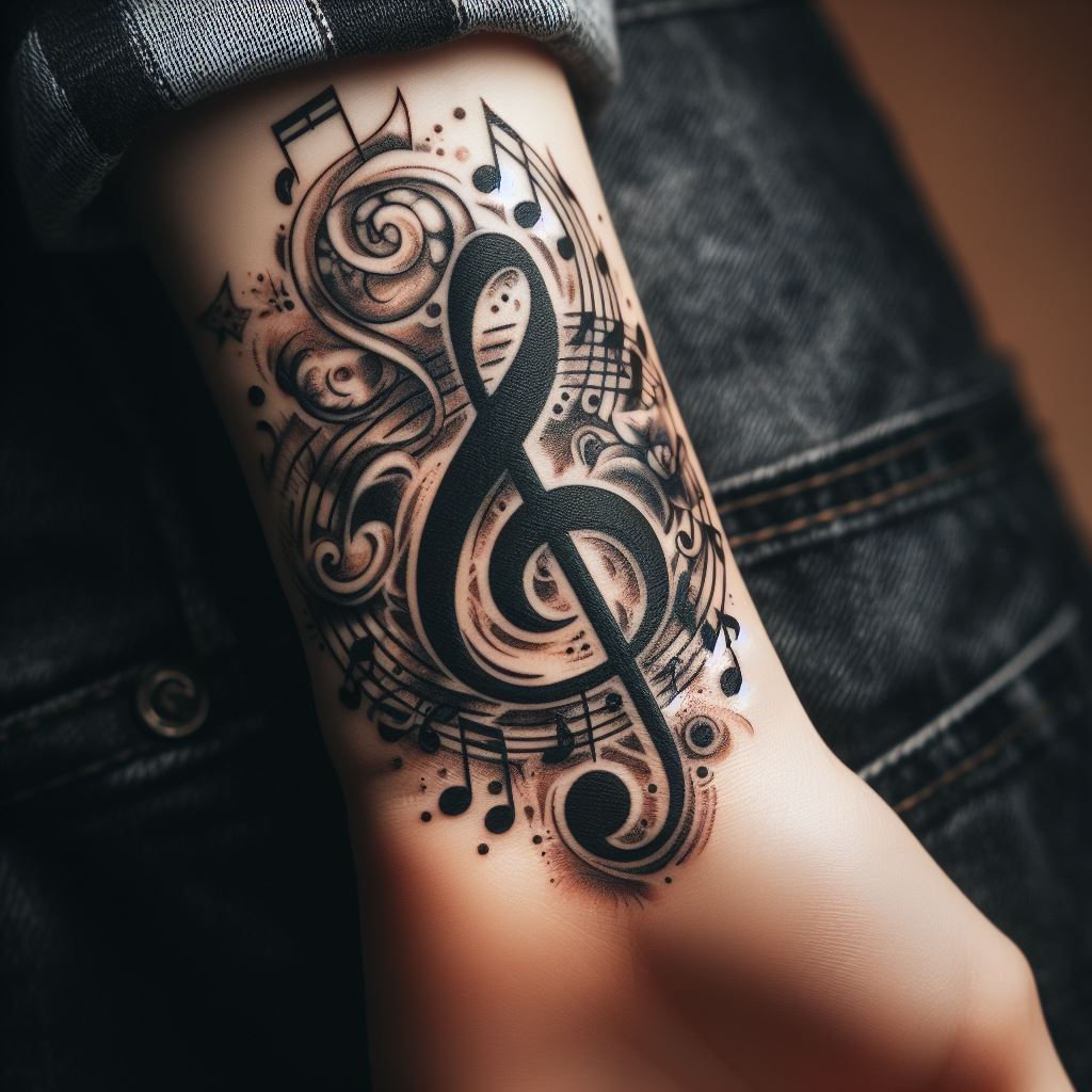 A music-inspired tattoo on the wrist, including musical notes and a treble clef, symbolizing passion for music and its impact on life.