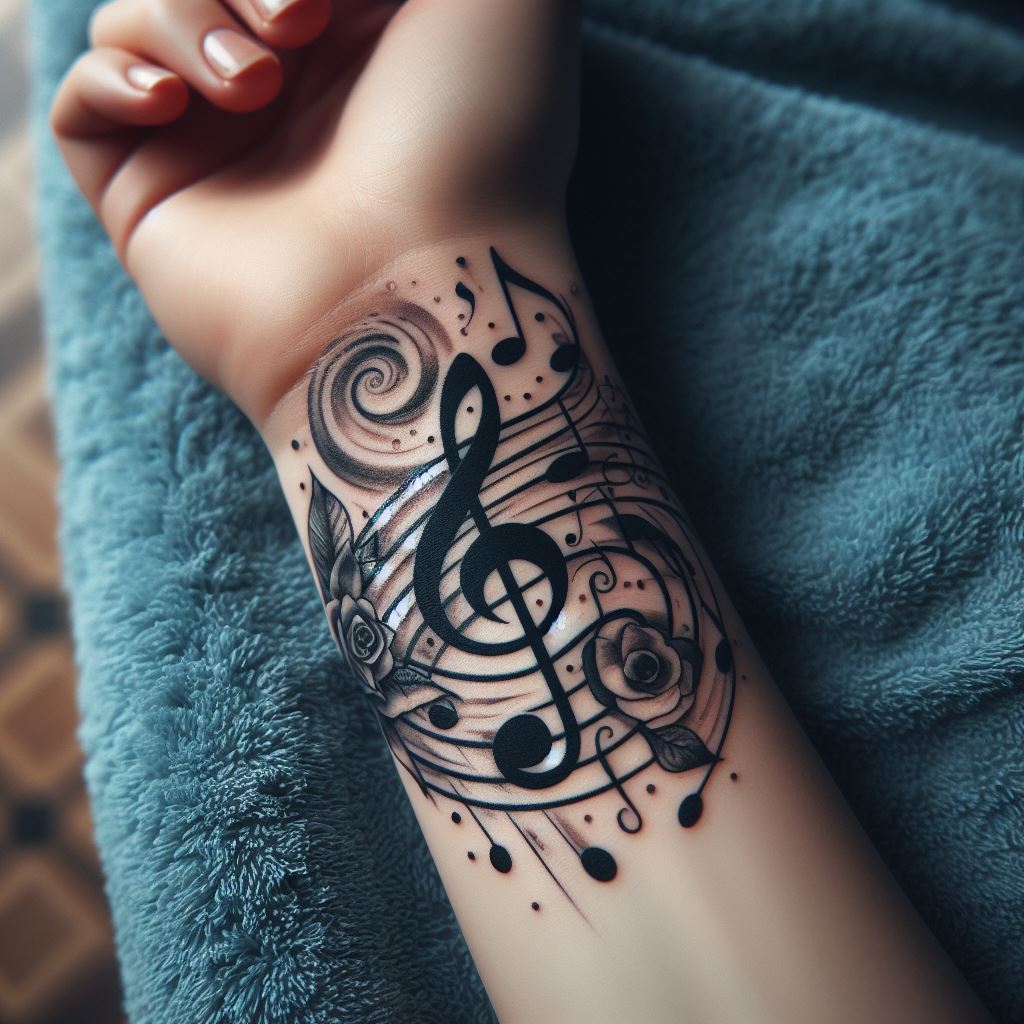 A music-inspired tattoo on the wrist, including musical notes and a treble clef, symbolizing passion for music and its impact on life.