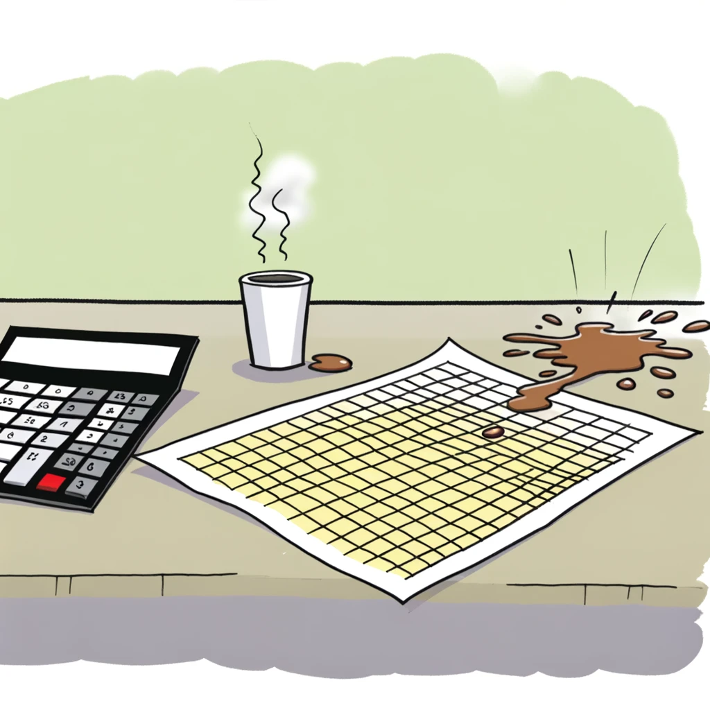 A cartoon of a spreadsheet with a coffee cup spilled over it, the caption reads: 'Mondays in the accounting department.'