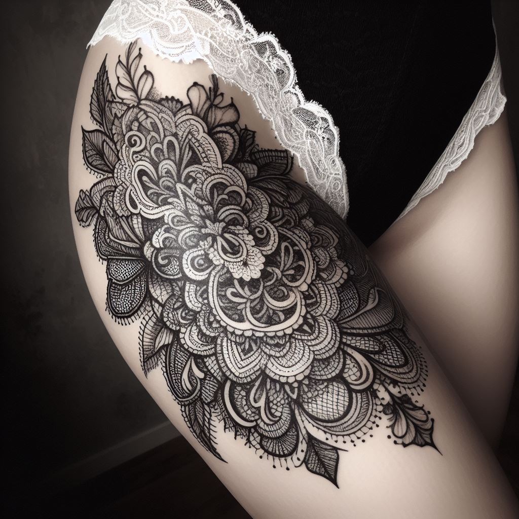 An intricate, lace tattoo on the thigh, featuring fine details and patterns that mimic delicate fabric, symbolizing femininity and elegance.