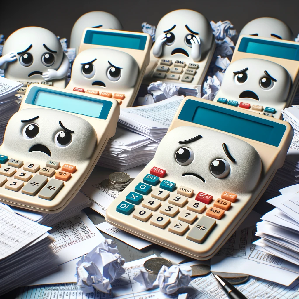 A group of calculators with faces, looking stressed while surrounded by piles of paper, with the caption: 'When it's tax season and the numbers don't add up.'