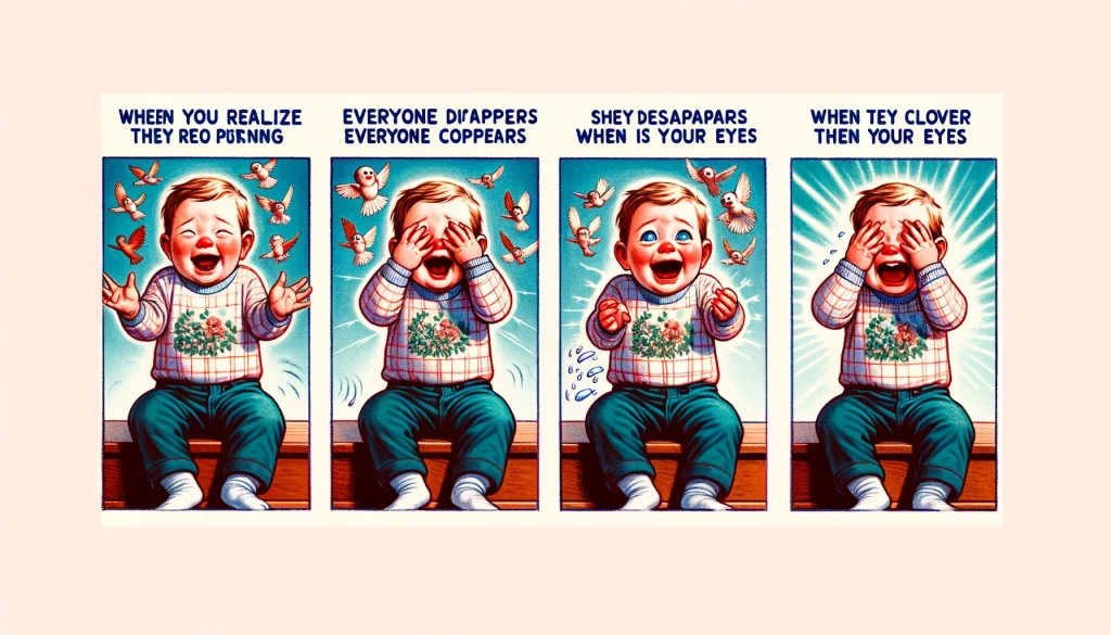 A heartwarming yet humorous series of images capturing a baby's rapid emotional transition during a game of peek-a-boo. The first frame shows the baby laughing joyfully, the second captures a moment of surprised realization as their hands cover their eyes, and the third depicts the baby in tears, overwhelmed by the sudden 'disappearance' of their playmate. This sequence showcases the pure, unfiltered reactions typical of infancy. Below the series, the caption in a playful font reads: 'When you realize everyone disappears when they cover their eyes.' The style is vibrant, detailed, capturing the innocence and spontaneity of the moment.
